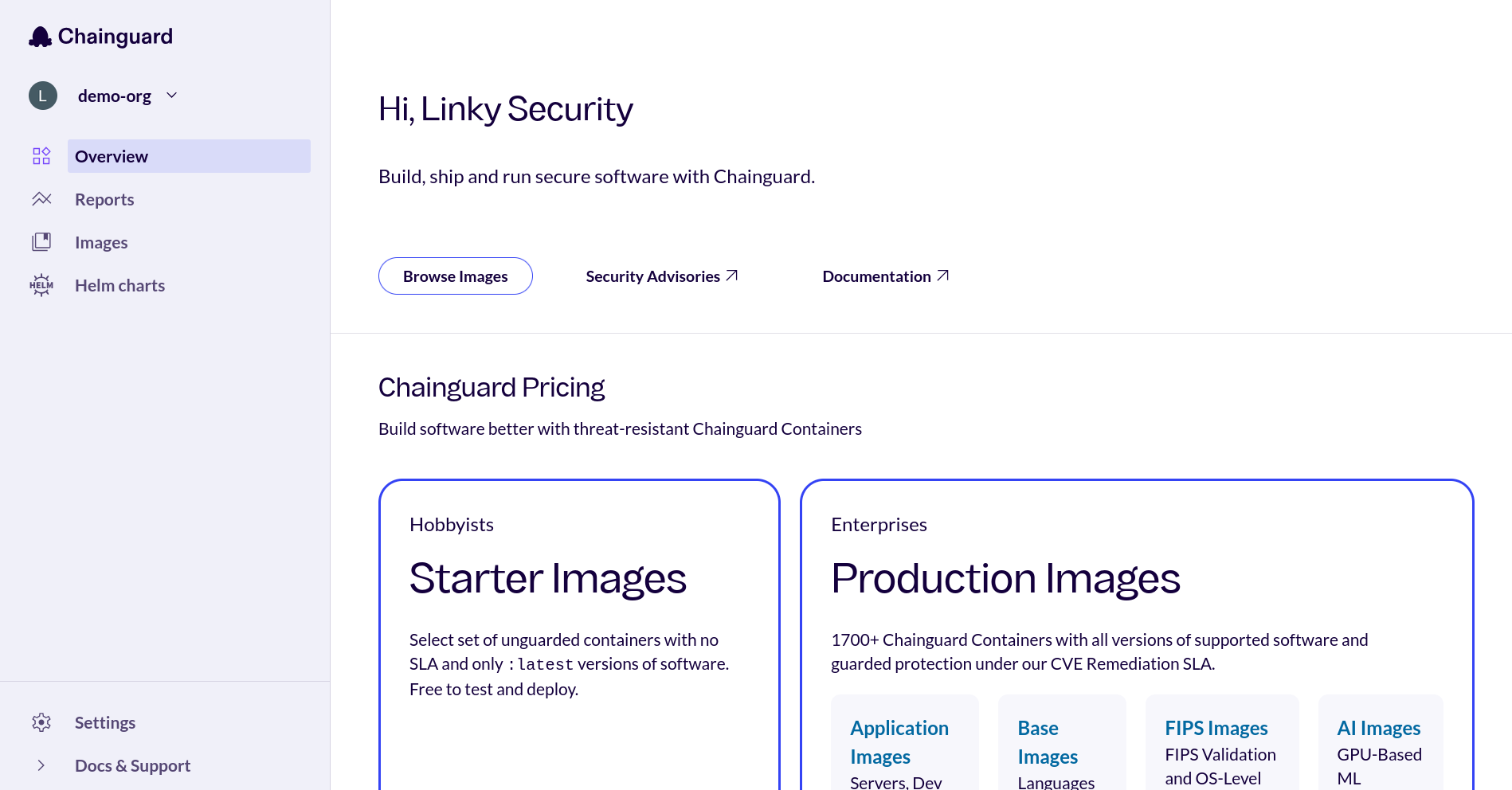 Screenshot showing the Chainguard Console's Overview page.